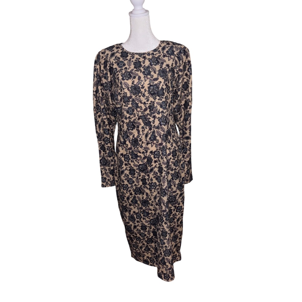Moon River Floral Midi Dress Womens Medium Blue Beige Excellent Puff Sleeve Slit